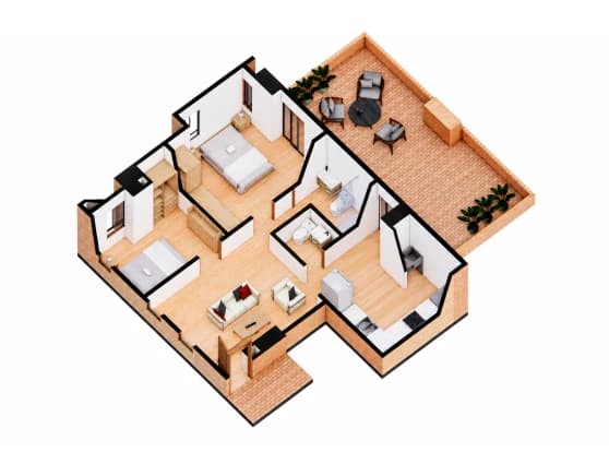 Plano isométrico del apartamento de 53,05 m² · Dos habitaciones + terraza