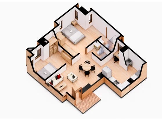 Plano isométrico del apartamento de 57,23 m² · Dos habitaciones + 2 baños