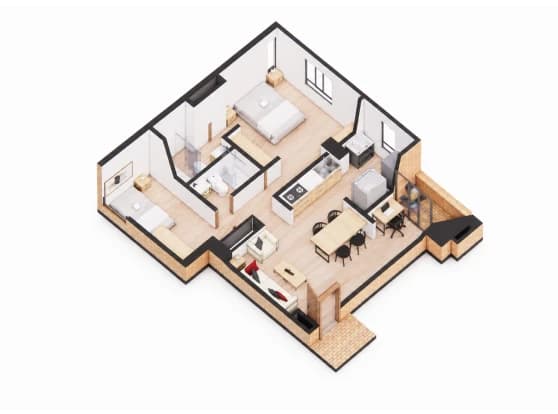 Plano isométrico del apartamento de 61,93 m² · Dos habitaciones + balcón