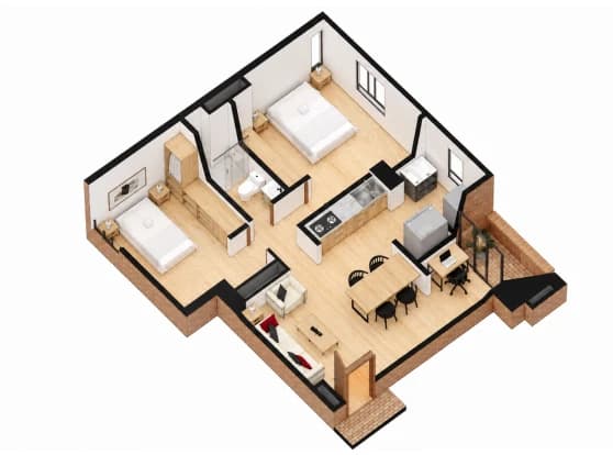 Plano isométrico del apartamento de 61,93 m² · Dos habitaciones + balcón