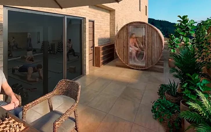 Render del sauna de barril sobre una terraza rodeada de vegetación