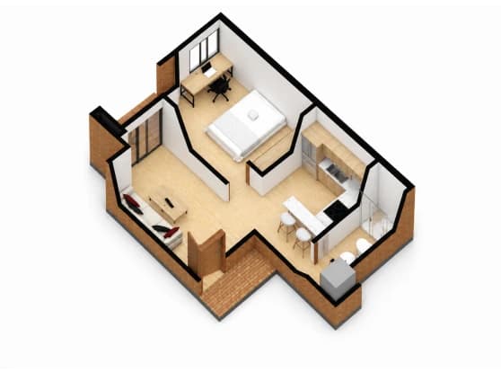 Plano isométrico del apartamento de 42,27 m² · Una habitación