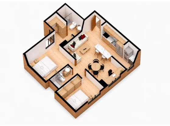 Plano isométrico del apartamento de 61,98 m² · Dos habitaciones